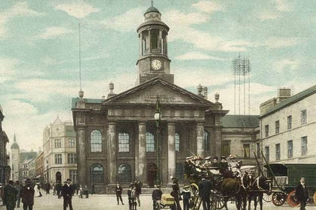 Lancaster town hall and Market Street, Lancaster.
